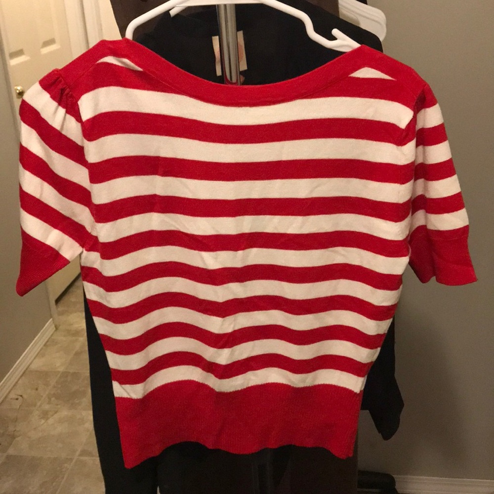 Red and white striped top.